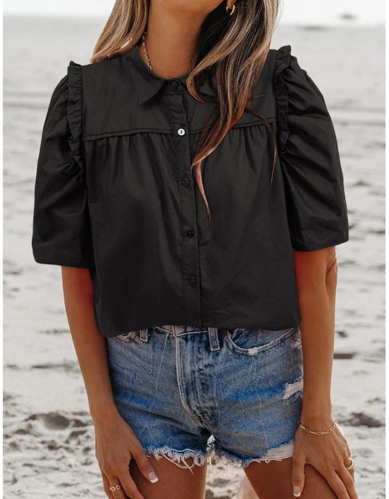 Black Frilly Puff Sleeve Stylish Collared Shirt