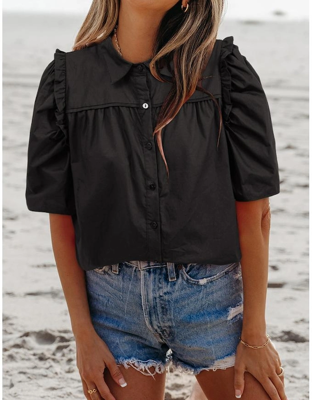 Black Frilly Puff Sleeve Stylish Collared Shirt
