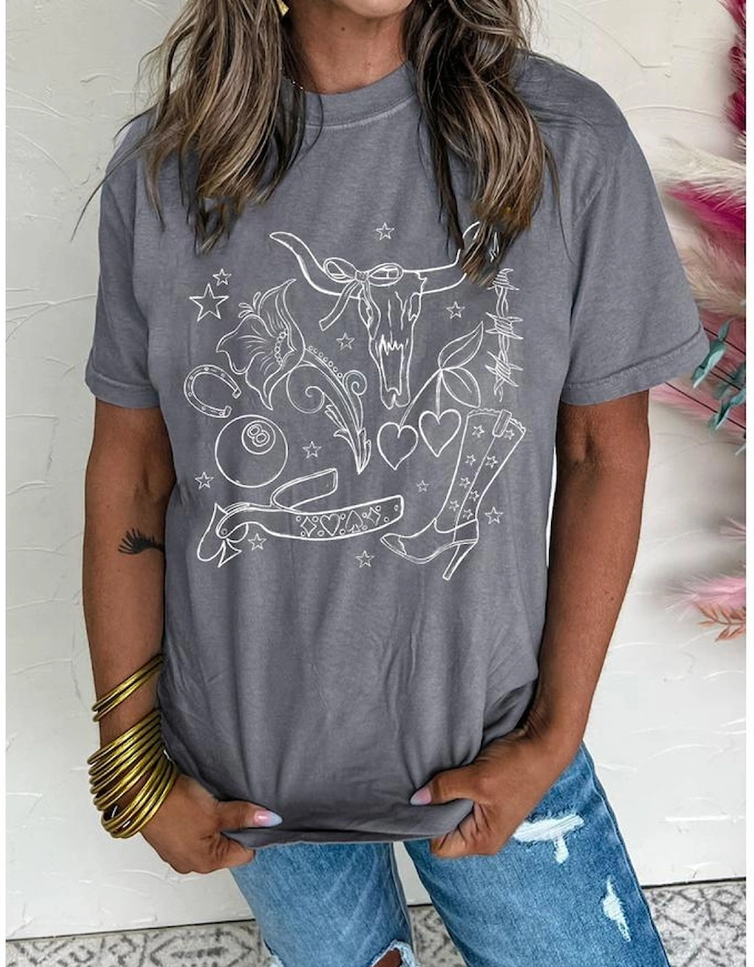 Gray Cowgirl Boots OX Head Western Fashion Print Crewneck Tee, 7 of 6