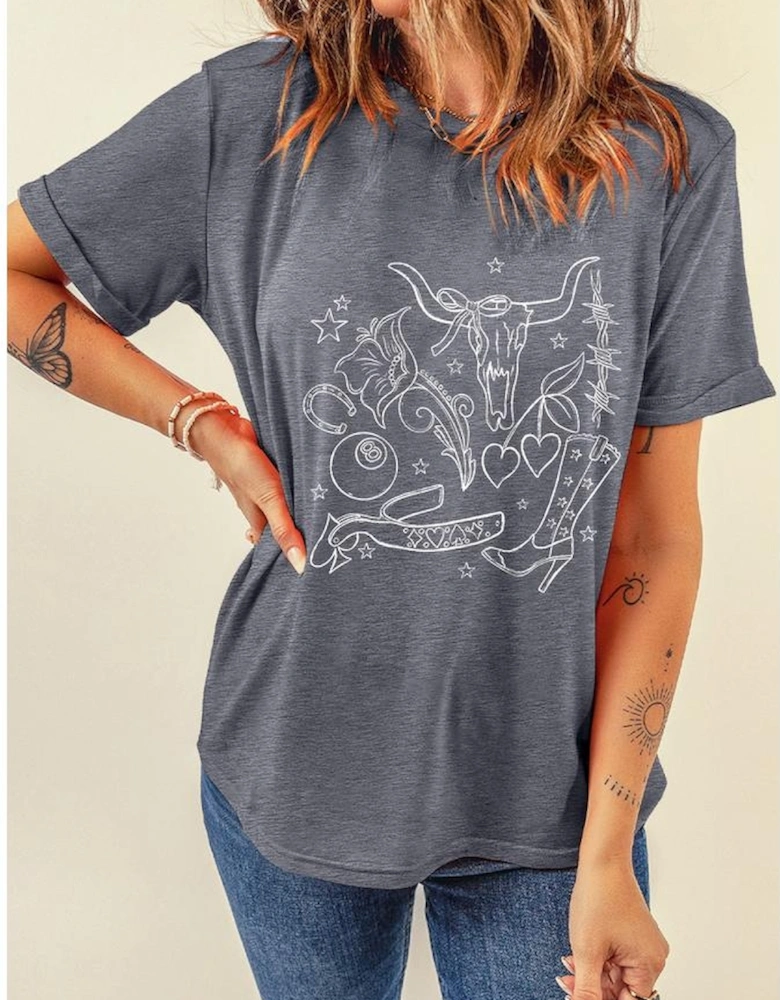 Gray Cowgirl Boots OX Head Western Fashion Print Crewneck Tee