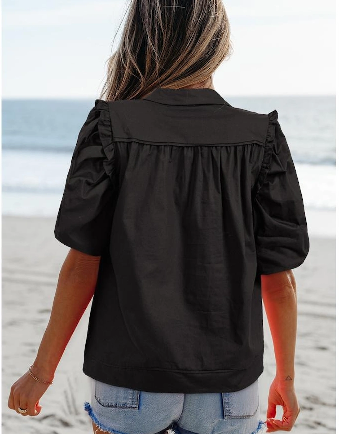 Black Frilly Puff Sleeve Stylish Collared Shirt, 11 of 10