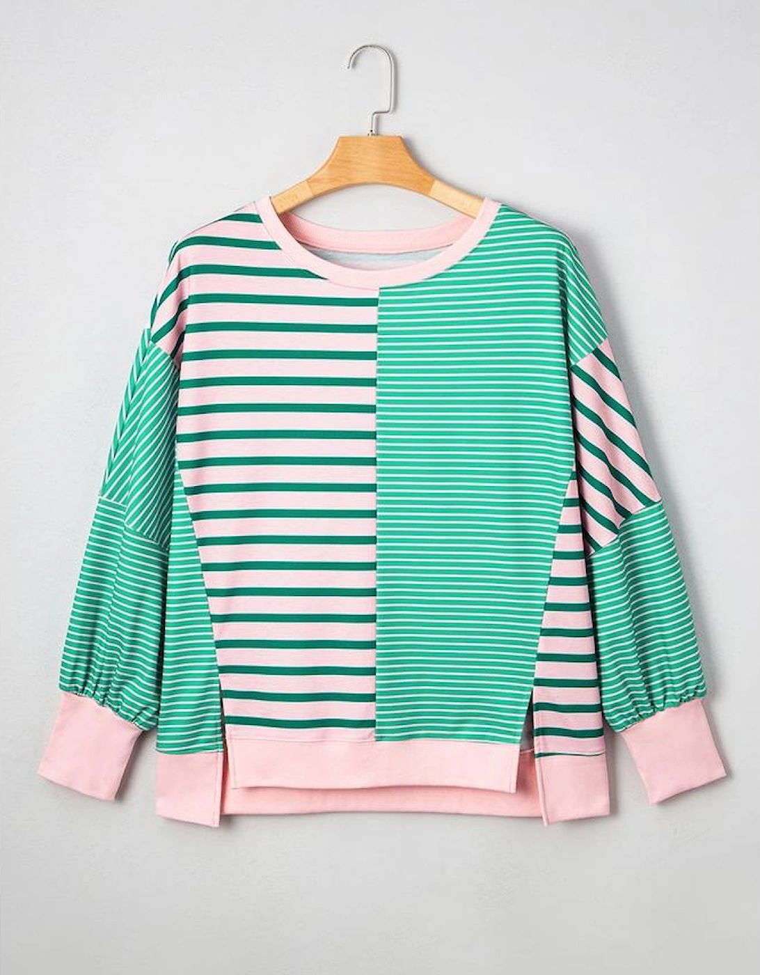 Green Stripe Color Block Exposed Seam Side Slit Plus Size Sweatshirt