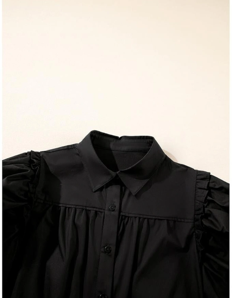 Black Frilly Puff Sleeve Stylish Collared Shirt