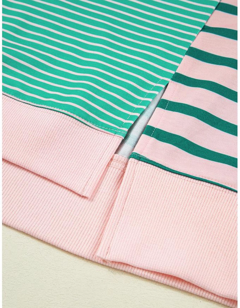 Green Stripe Color Block Exposed Seam Side Slit Plus Size Sweatshirt