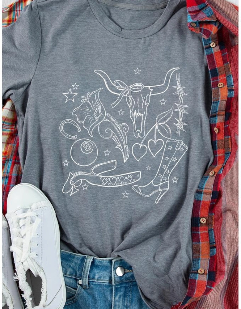 Gray Cowgirl Boots OX Head Western Fashion Print Crewneck Tee