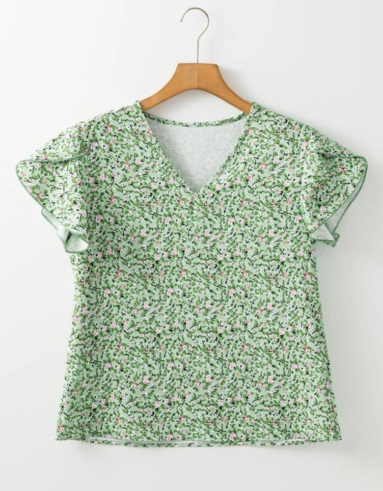 Green Boho Floral V Neck Wrap Short Sleeve Blouse
