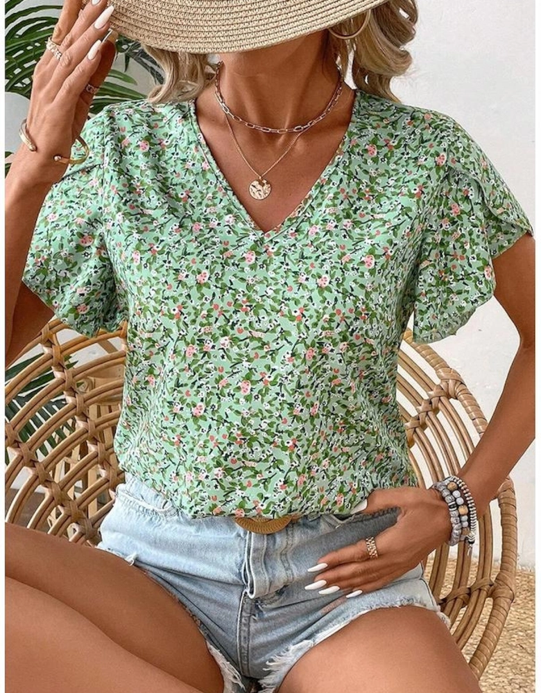 Green Boho Floral V Neck Wrap Short Sleeve Blouse