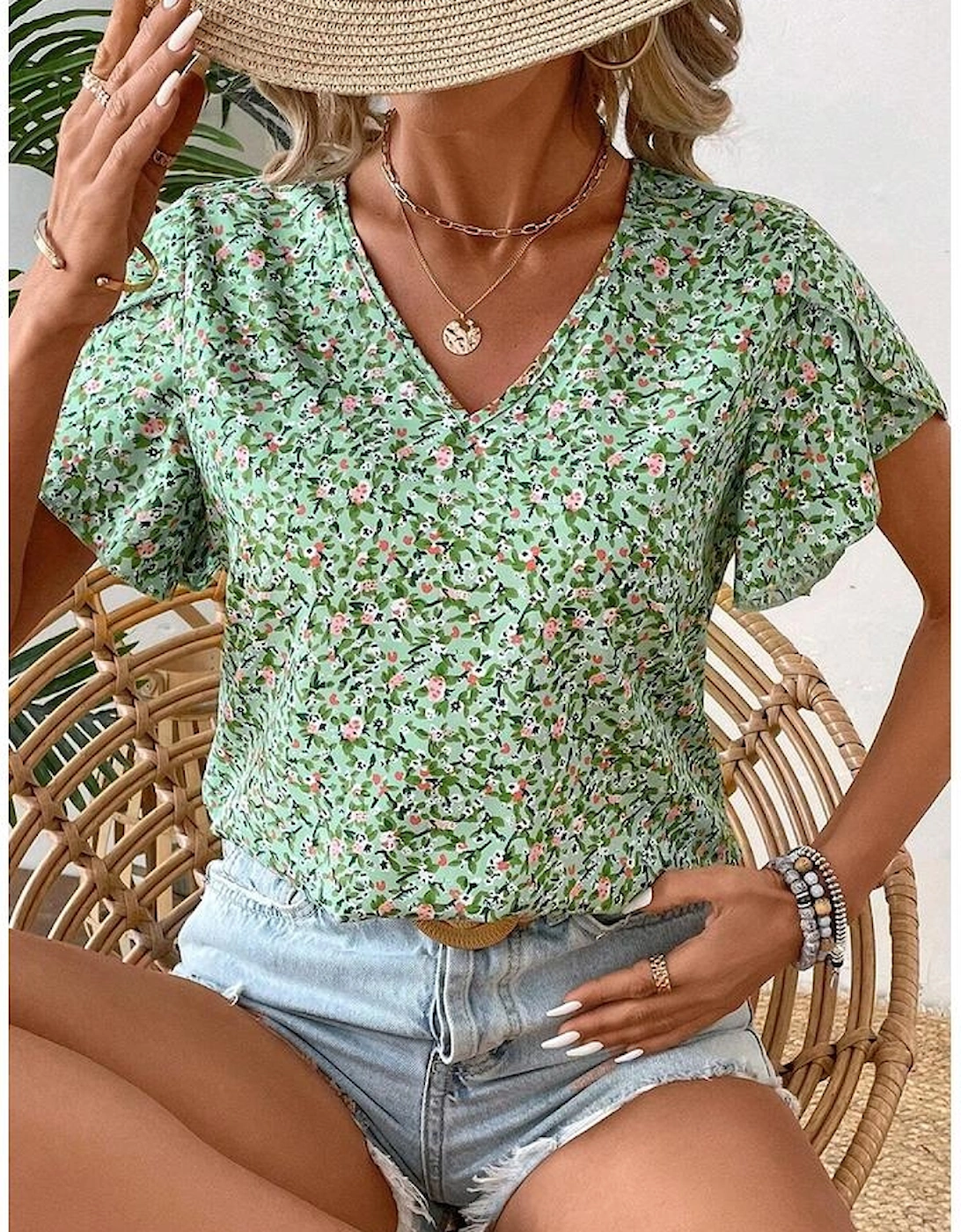 Green Boho Floral V Neck Wrap Short Sleeve Blouse