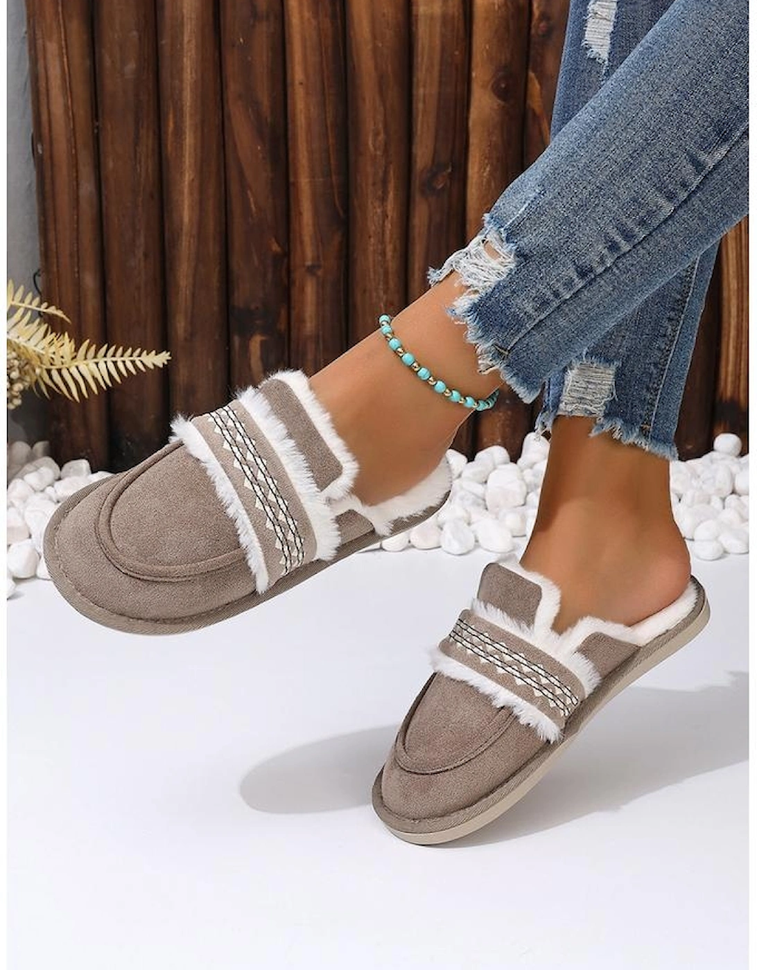 Gray Suede Wavy Striped Plush Lined Slippers (Run Small Size Up)