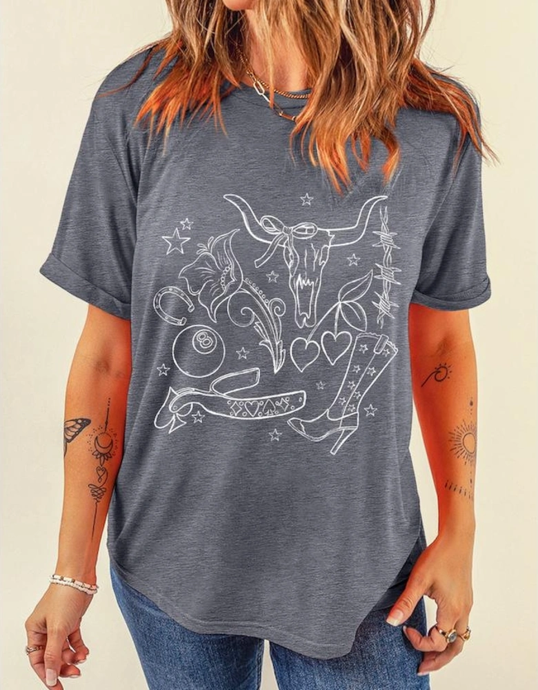 Gray Cowgirl Boots OX Head Western Fashion Print Crewneck Tee