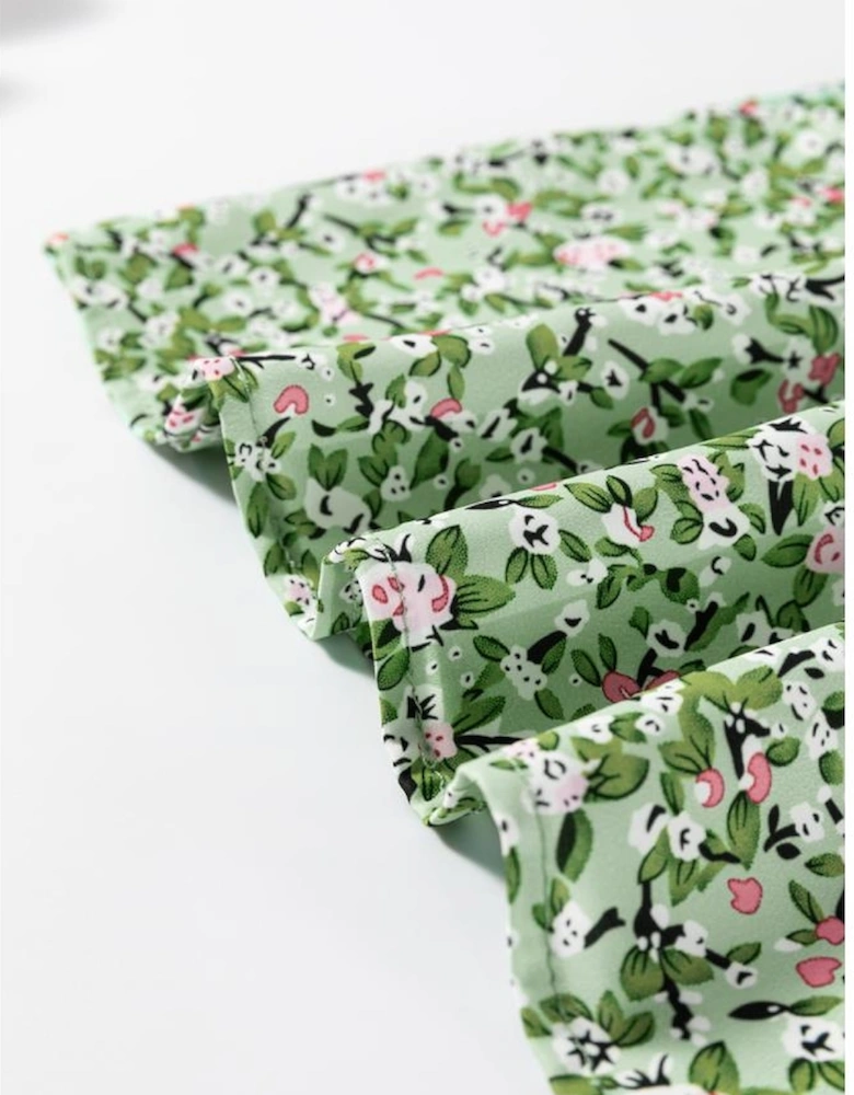 Green Boho Floral V Neck Wrap Short Sleeve Blouse