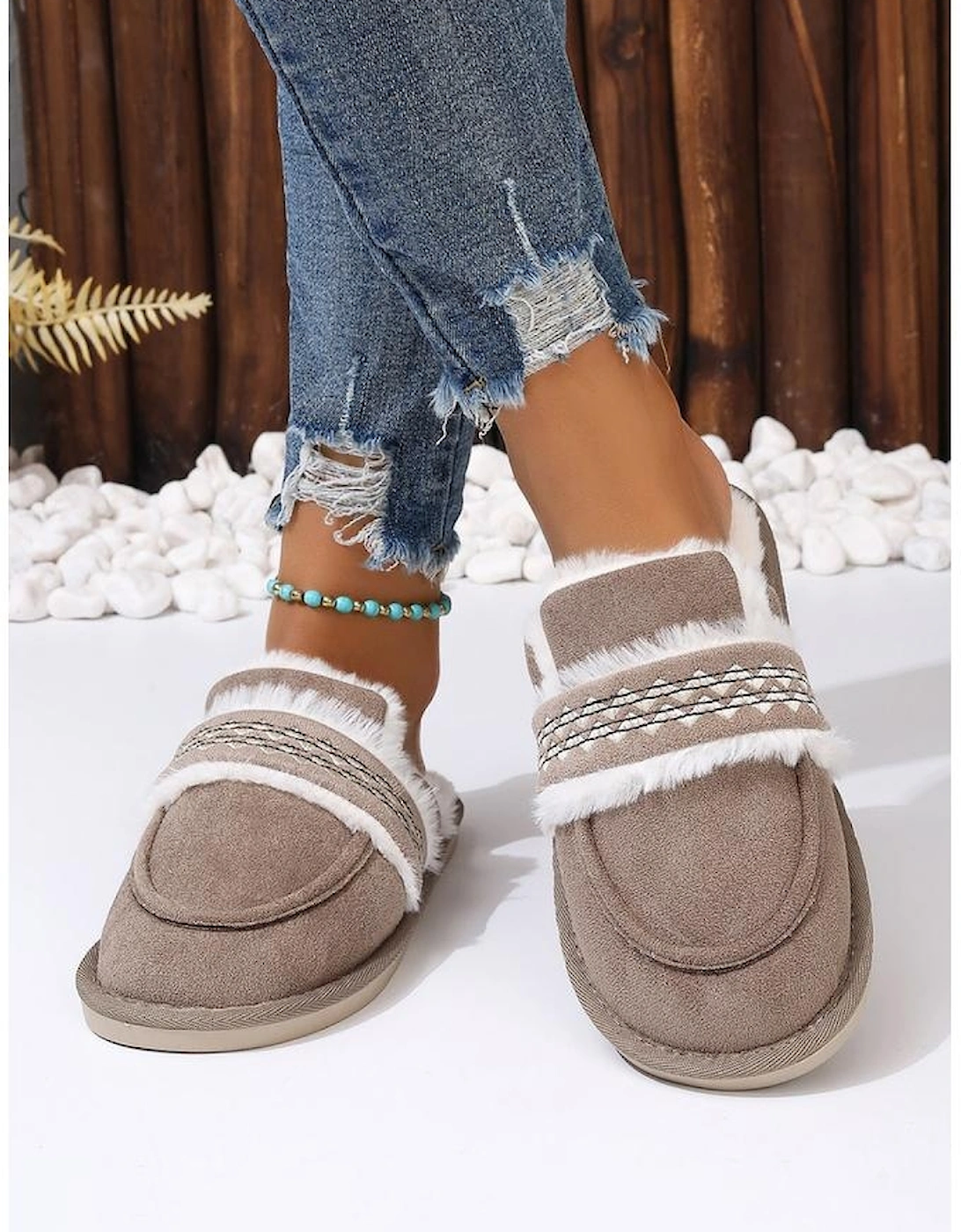 Gray Suede Wavy Striped Plush Lined Slippers (Run Small Size Up)