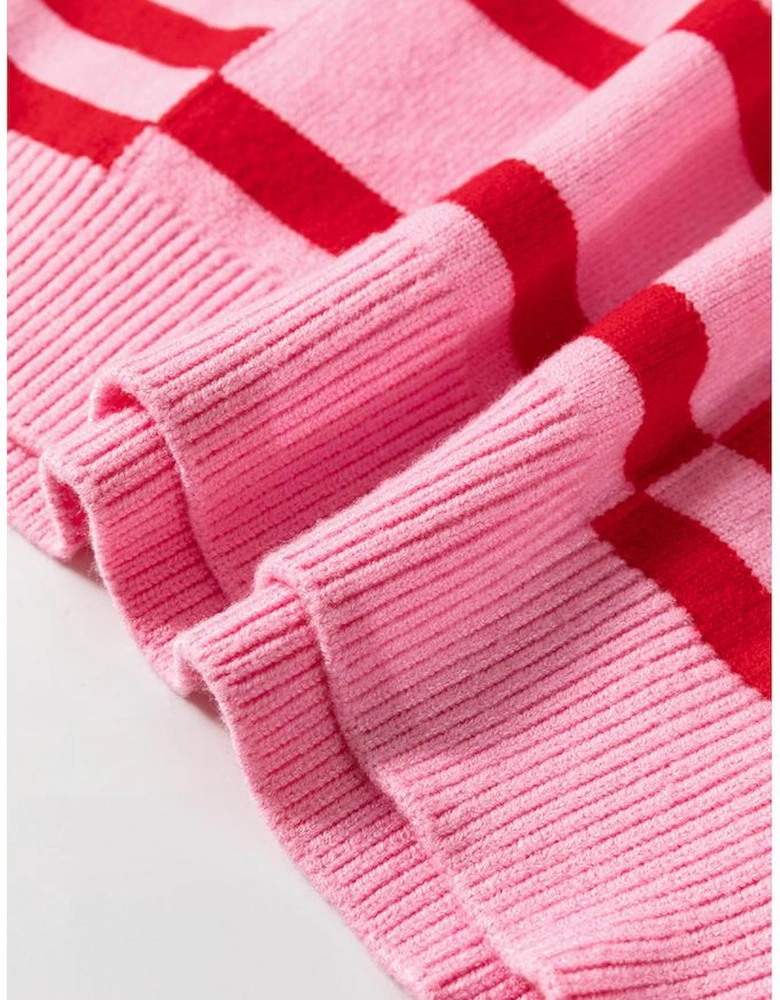 Pink Stripe Bubble Sleeve Drop Shoulder Ribbed Trim Sweater