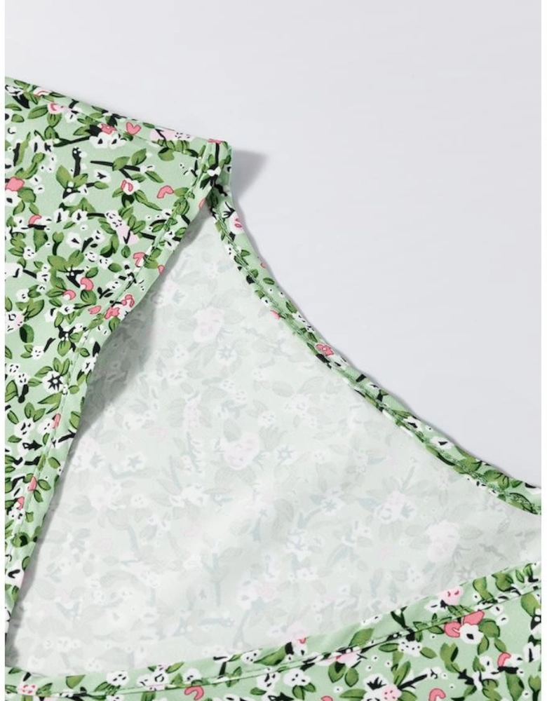 Green Boho Floral V Neck Wrap Short Sleeve Blouse
