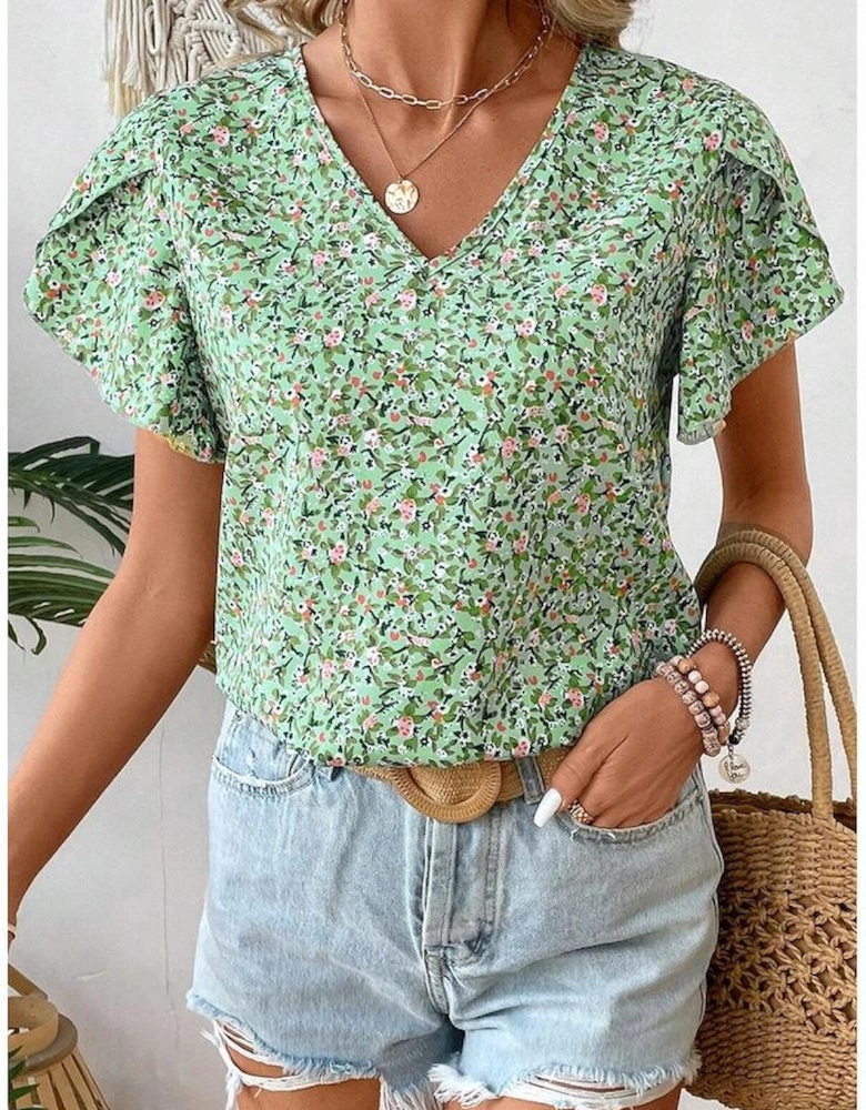 Green Boho Floral V Neck Wrap Short Sleeve Blouse