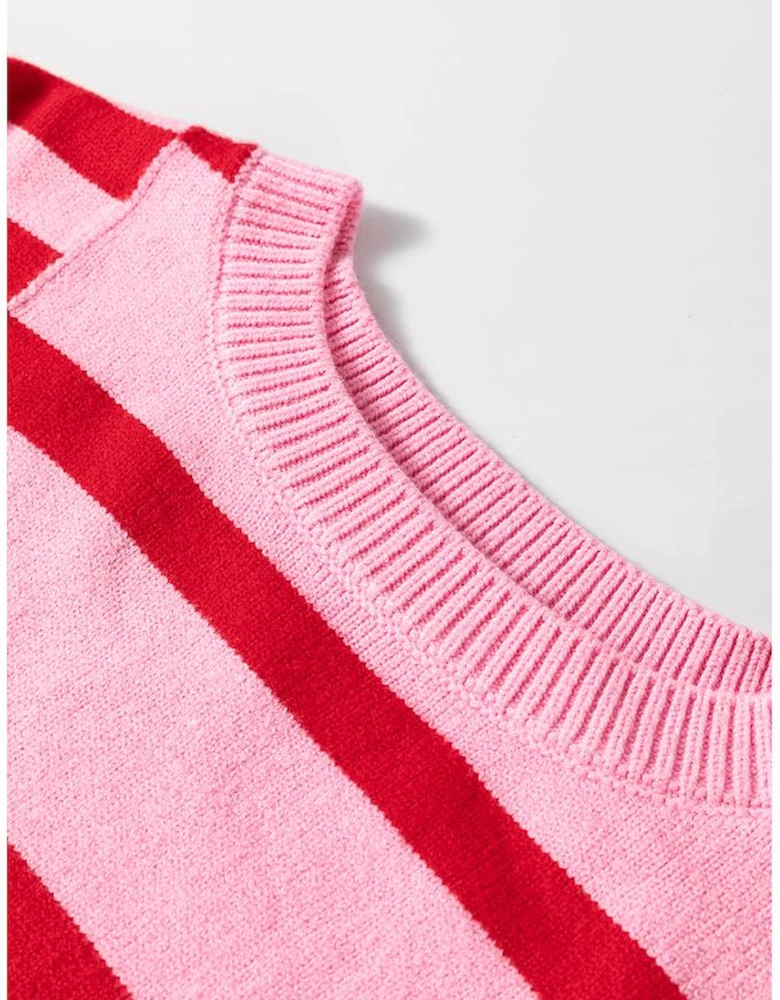 Pink Stripe Bubble Sleeve Drop Shoulder Ribbed Trim Sweater