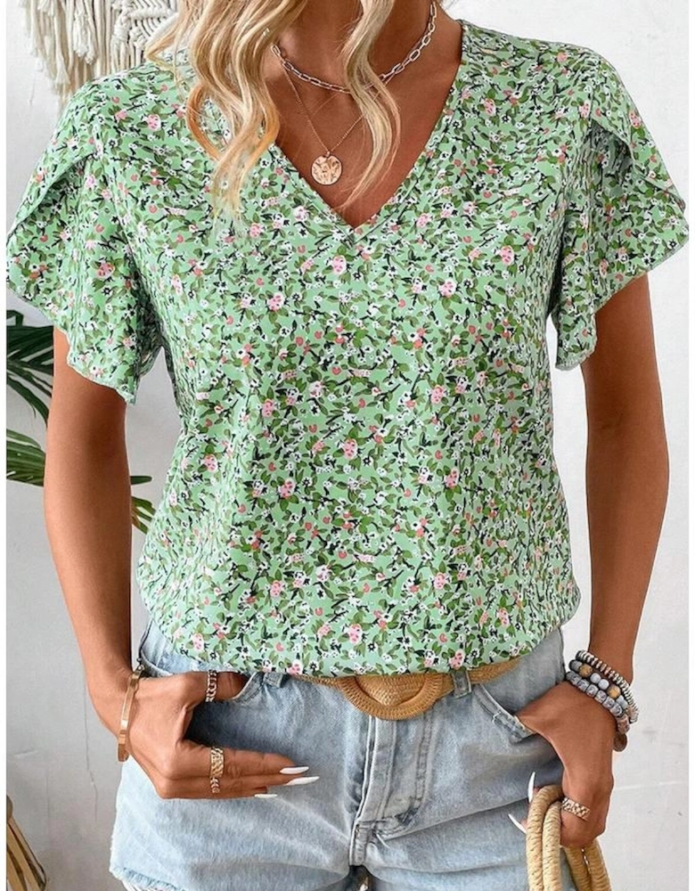 Green Boho Floral V Neck Wrap Short Sleeve Blouse