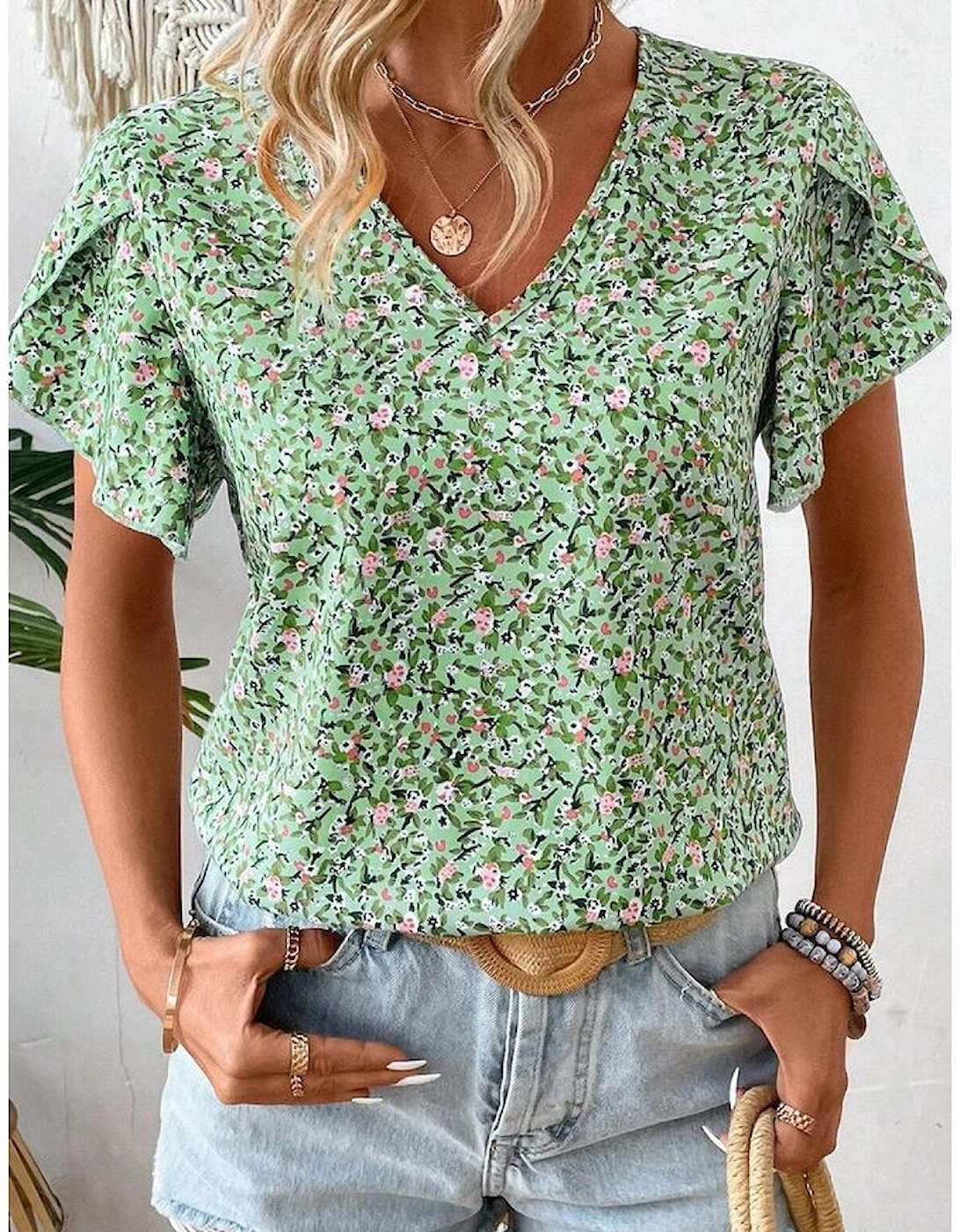 Green Boho Floral V Neck Wrap Short Sleeve Blouse