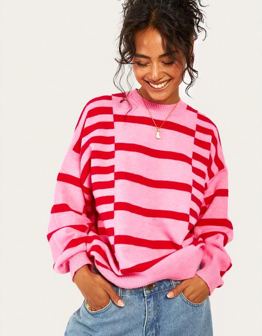 Pink Stripe Bubble Sleeve Drop Shoulder Ribbed Trim Sweater