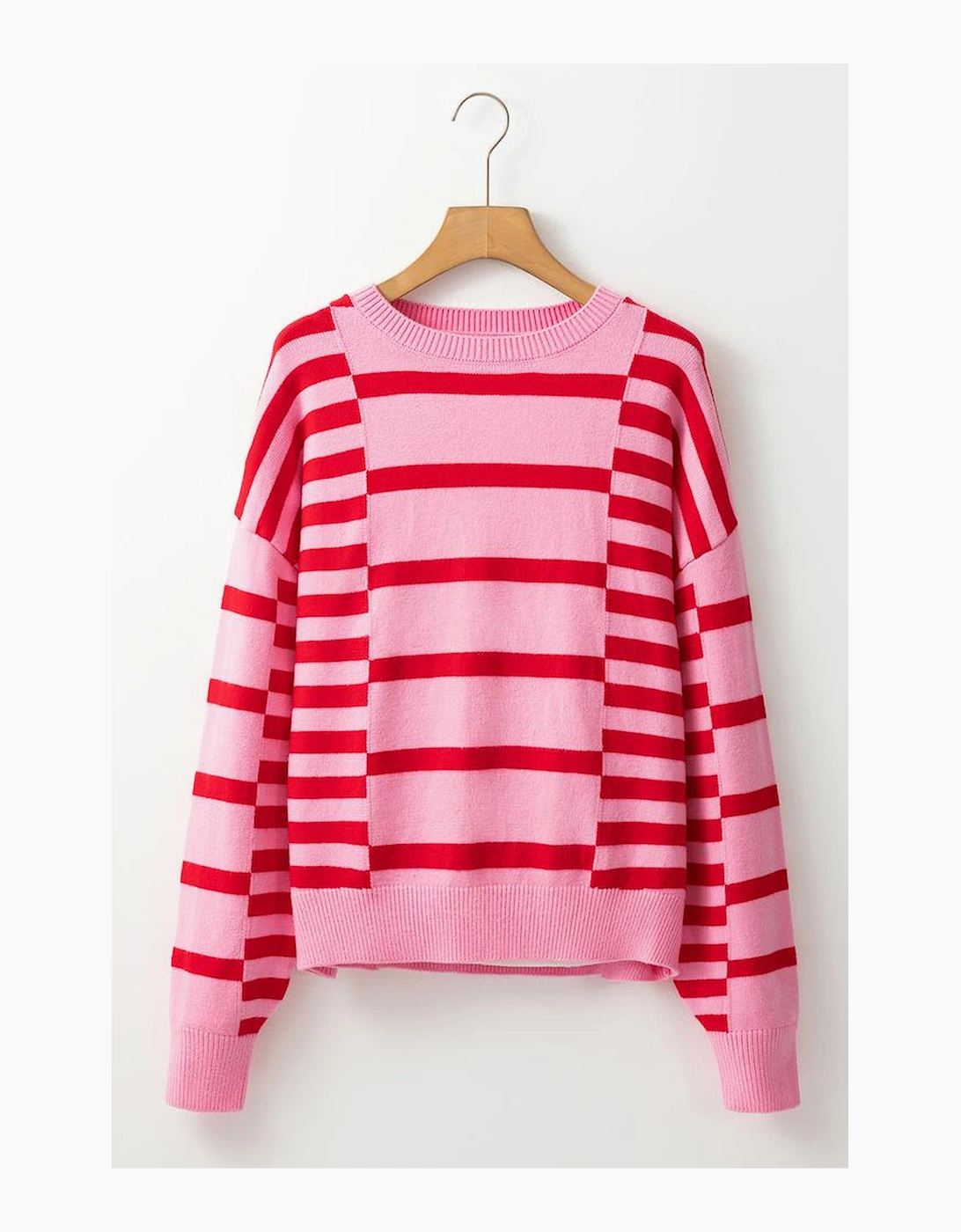 Pink Stripe Bubble Sleeve Drop Shoulder Ribbed Trim Sweater