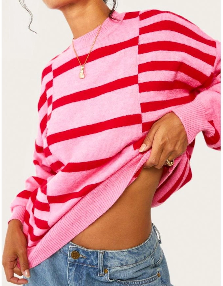 Pink Stripe Bubble Sleeve Drop Shoulder Ribbed Trim Sweater
