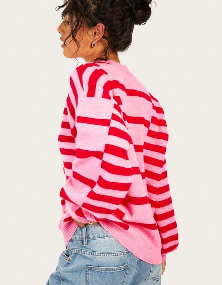 Pink Stripe Bubble Sleeve Drop Shoulder Ribbed Trim Sweater