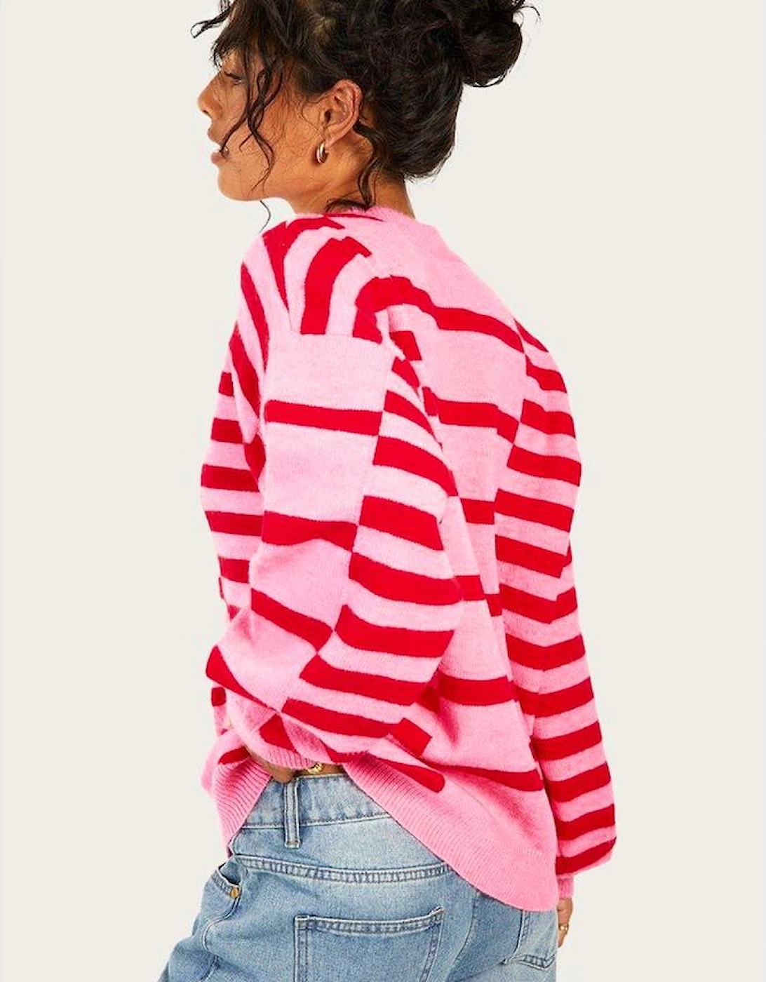 Pink Stripe Bubble Sleeve Drop Shoulder Ribbed Trim Sweater