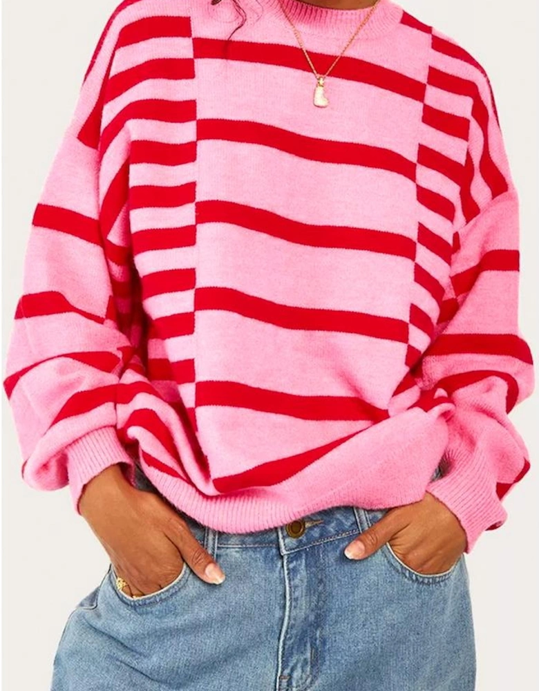 Pink Stripe Bubble Sleeve Drop Shoulder Ribbed Trim Sweater