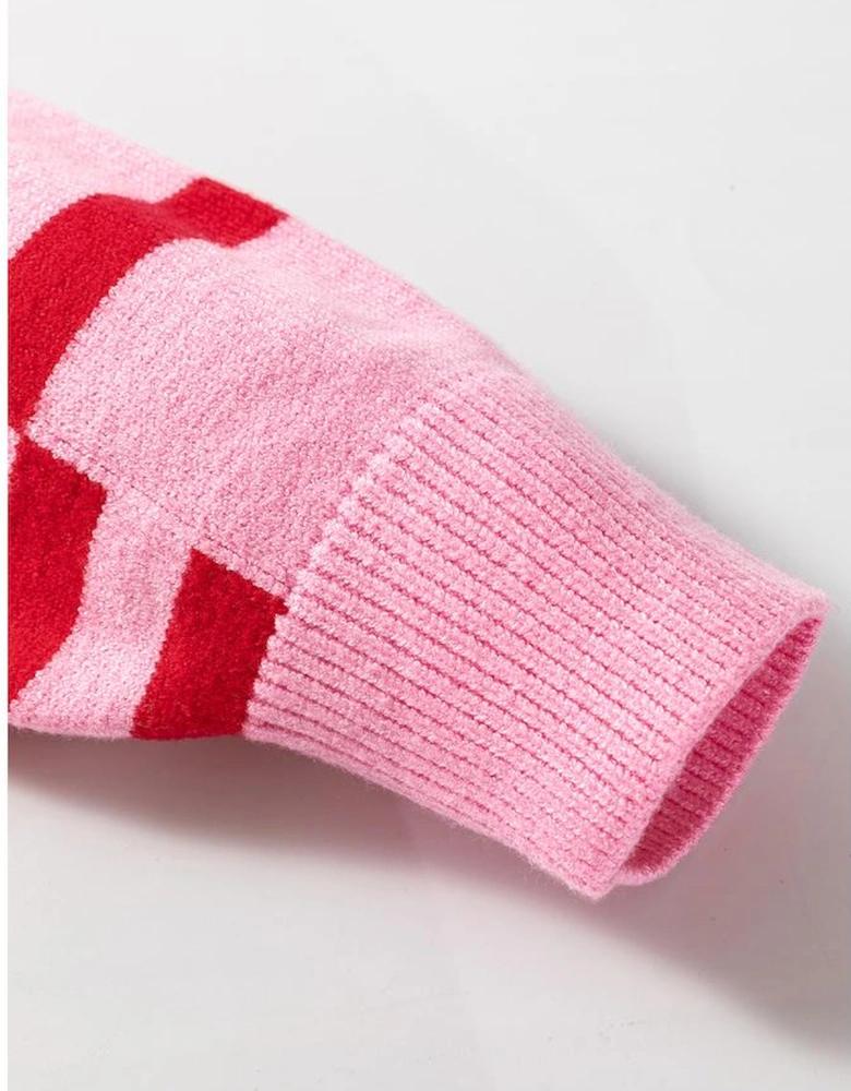 Pink Stripe Bubble Sleeve Drop Shoulder Ribbed Trim Sweater