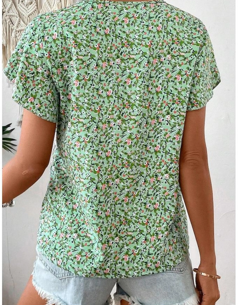 Green Boho Floral V Neck Wrap Short Sleeve Blouse