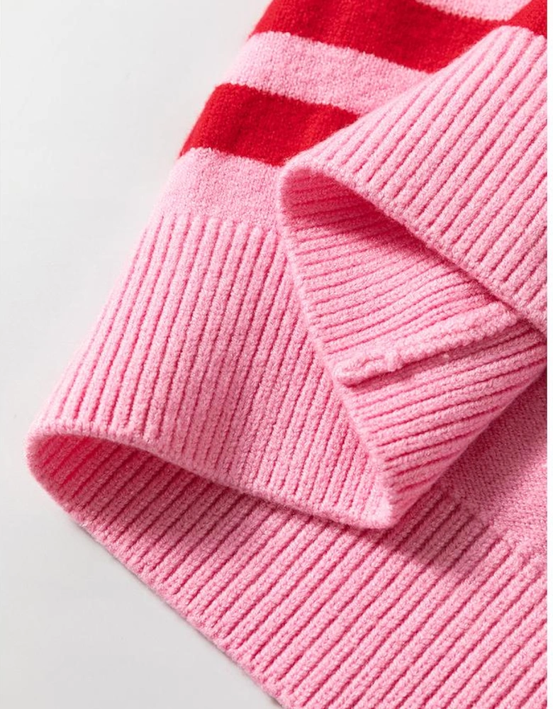 Pink Stripe Bubble Sleeve Drop Shoulder Ribbed Trim Sweater