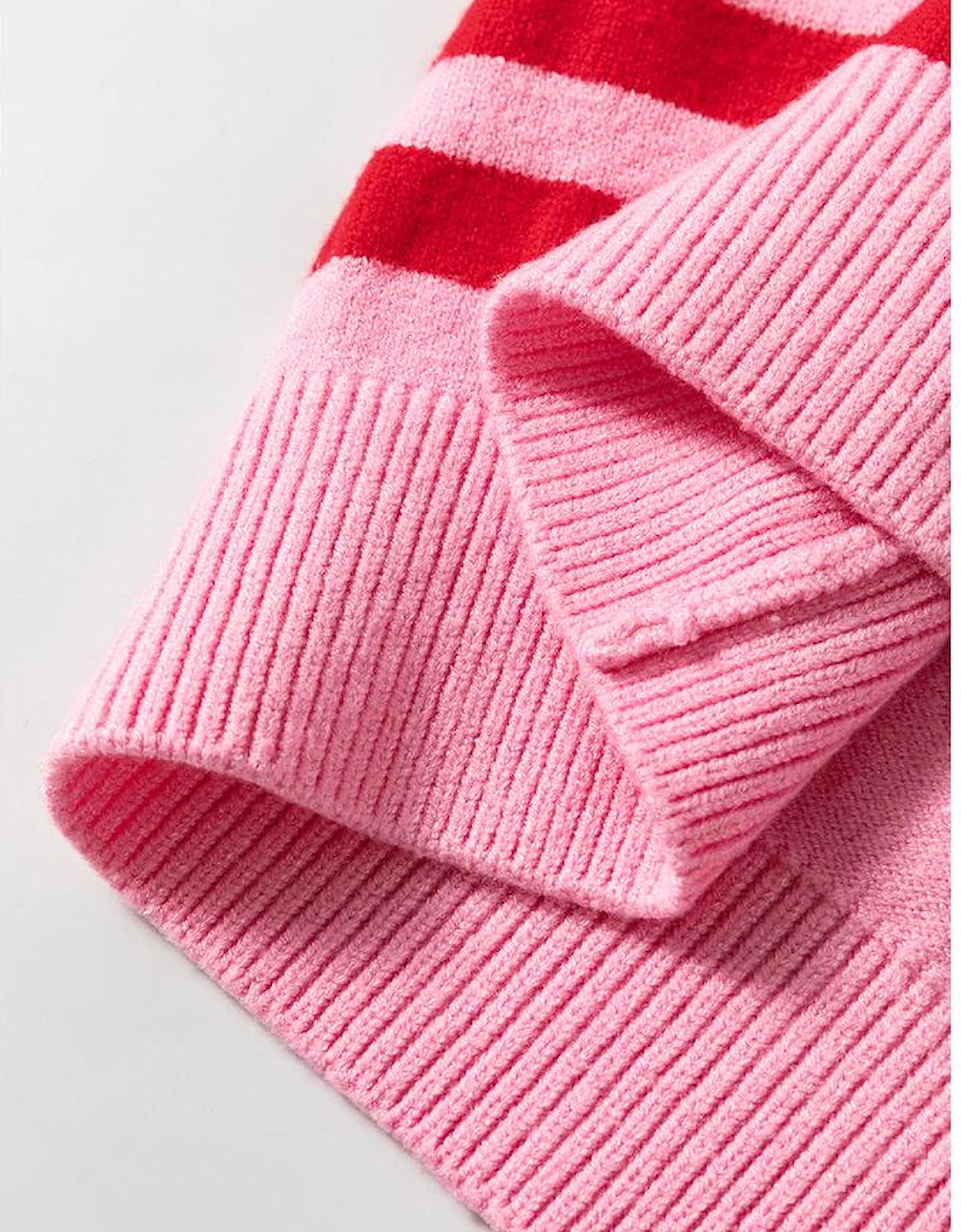 Pink Stripe Bubble Sleeve Drop Shoulder Ribbed Trim Sweater