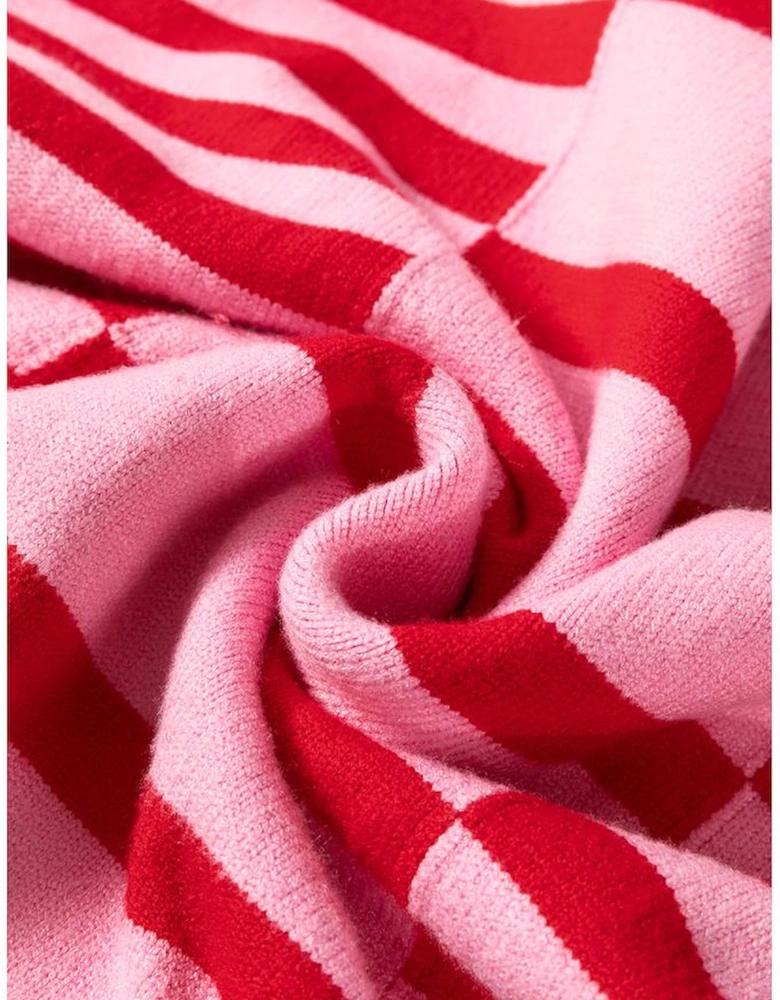 Pink Stripe Bubble Sleeve Drop Shoulder Ribbed Trim Sweater