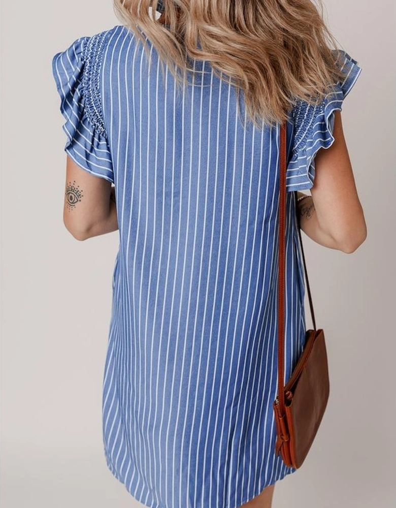 Sky Blue Stripe Frilly Split Neck Shirred Ruffle Sleeve Short Shift Dress