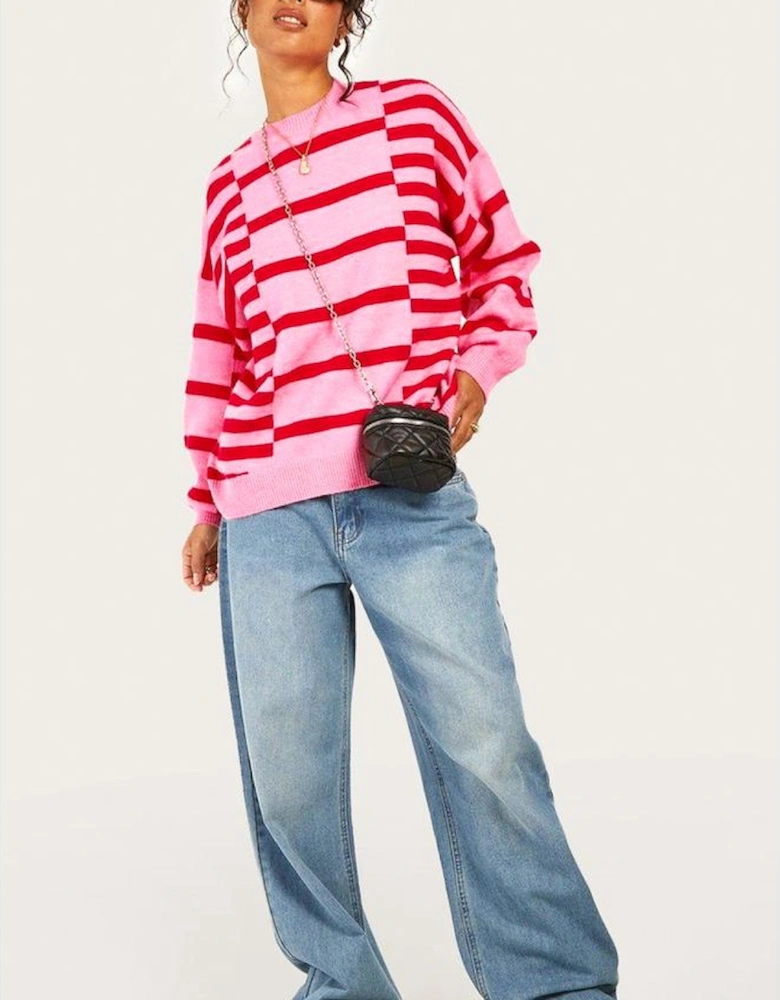 Pink Stripe Bubble Sleeve Drop Shoulder Ribbed Trim Sweater