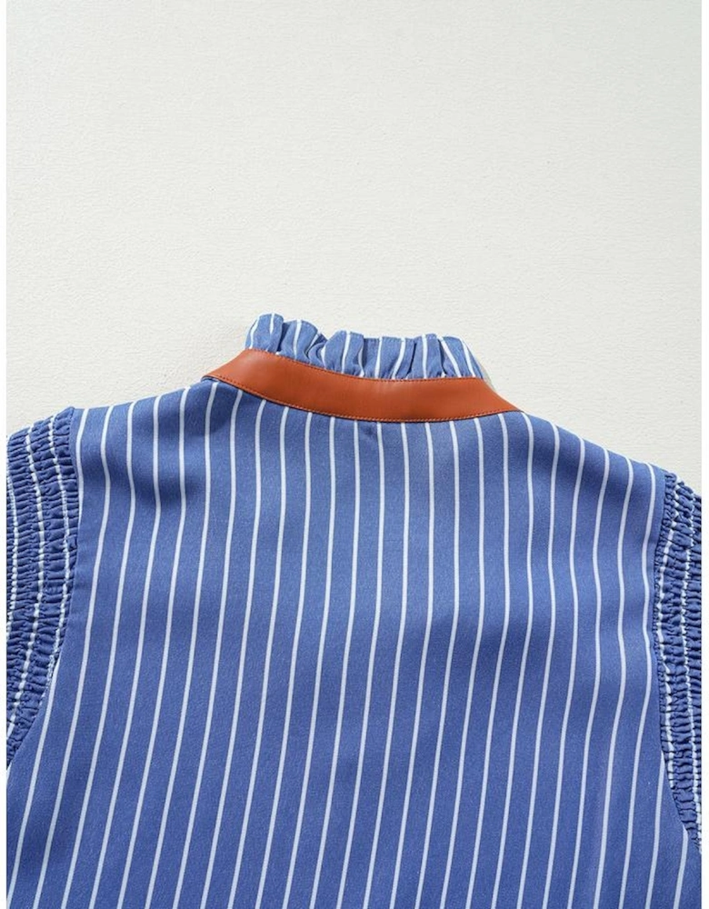 Sky Blue Stripe Frilly Split Neck Shirred Ruffle Sleeve Short Shift Dress