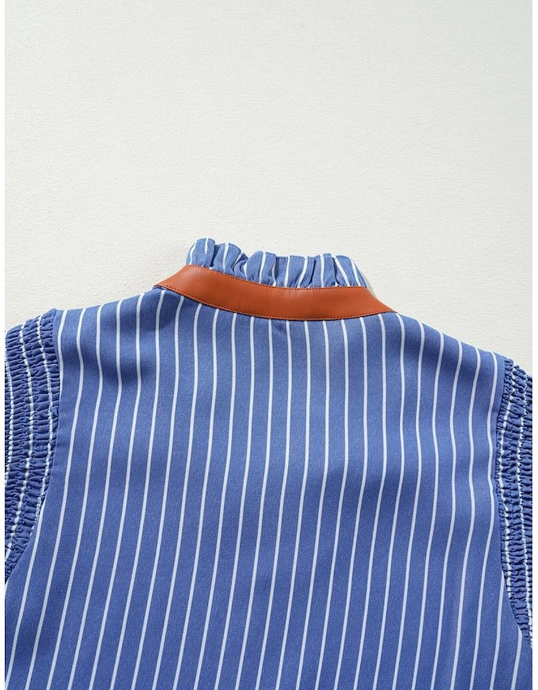 Sky Blue Stripe Frilly Split Neck Shirred Ruffle Sleeve Short Shift Dress