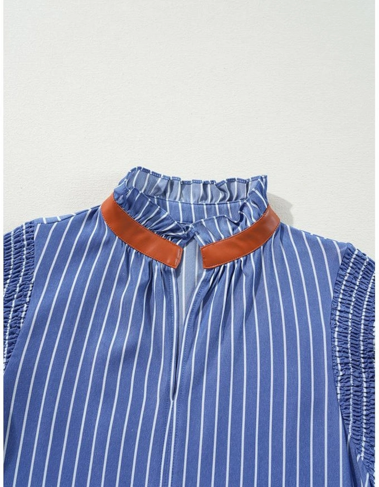 Sky Blue Stripe Frilly Split Neck Shirred Ruffle Sleeve Short Shift Dress