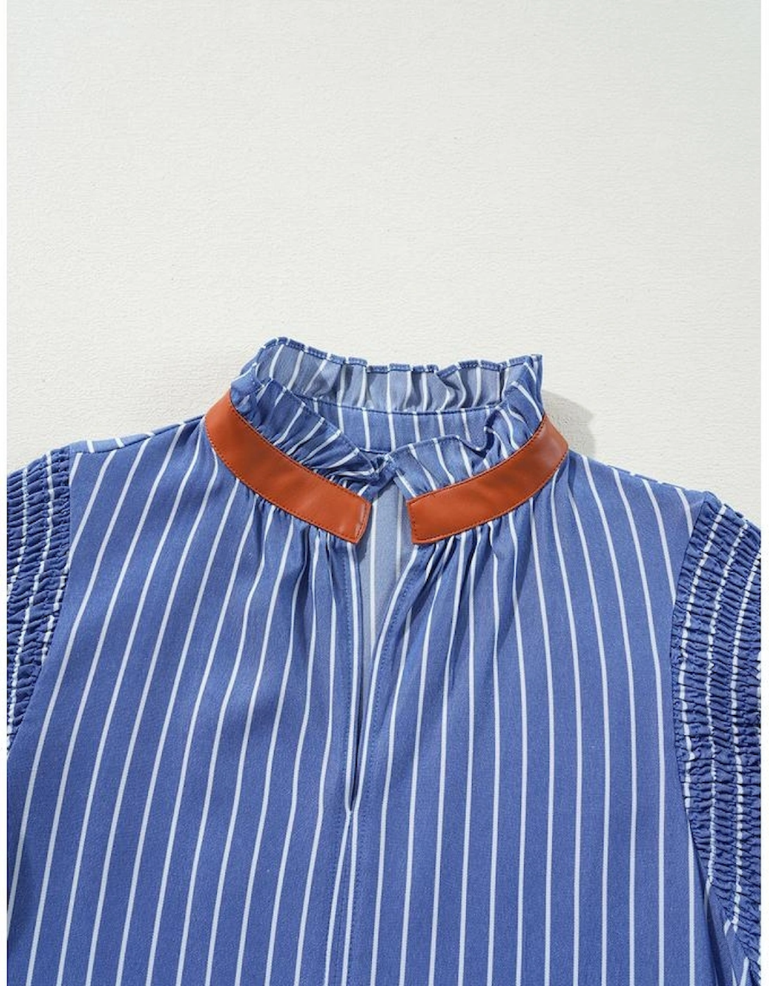 Sky Blue Stripe Frilly Split Neck Shirred Ruffle Sleeve Short Shift Dress