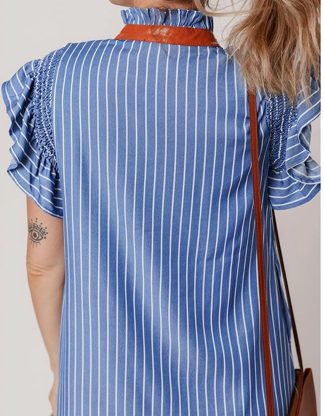 Sky Blue Stripe Frilly Split Neck Shirred Ruffle Sleeve Short Shift Dress