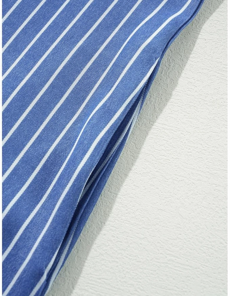 Sky Blue Stripe Frilly Split Neck Shirred Ruffle Sleeve Short Shift Dress