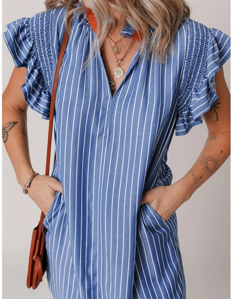 Sky Blue Stripe Frilly Split Neck Shirred Ruffle Sleeve Short Shift Dress