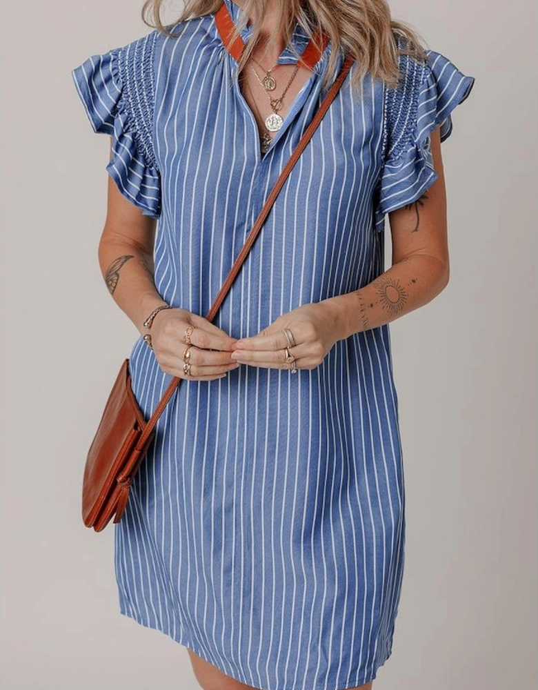 Sky Blue Stripe Frilly Split Neck Shirred Ruffle Sleeve Short Shift Dress