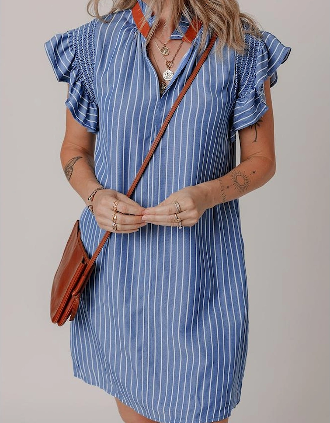 Sky Blue Stripe Frilly Split Neck Shirred Ruffle Sleeve Short Shift Dress