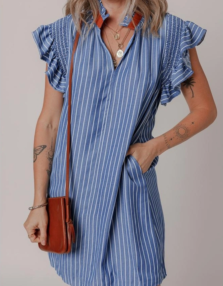 Sky Blue Stripe Frilly Split Neck Shirred Ruffle Sleeve Short Shift Dress