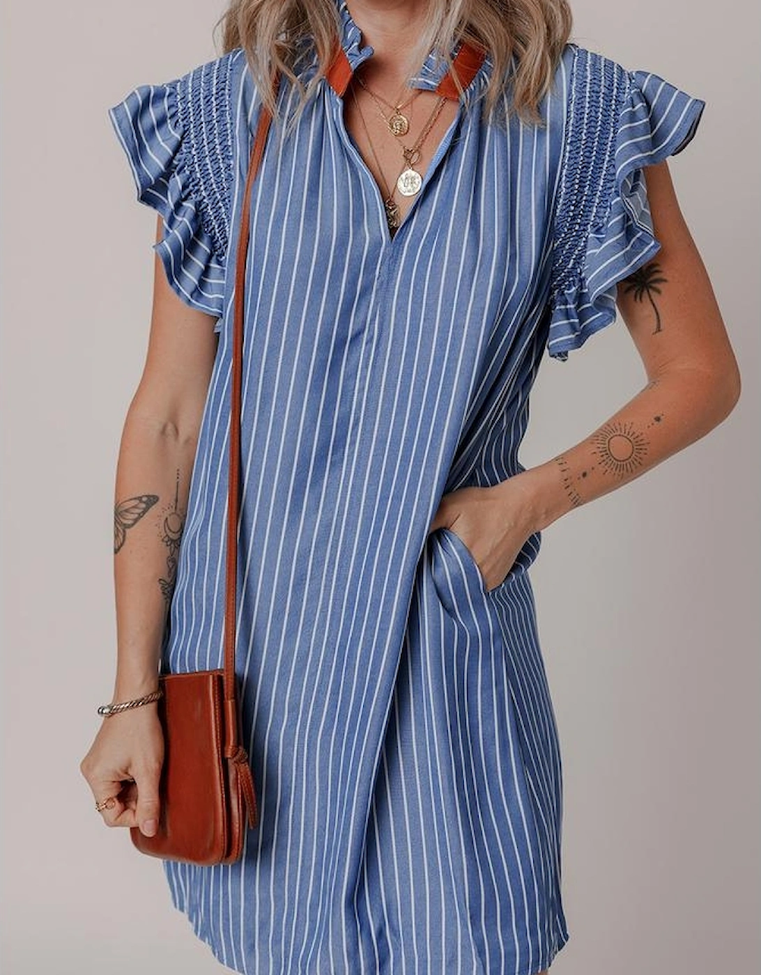 Sky Blue Stripe Frilly Split Neck Shirred Ruffle Sleeve Short Shift Dress