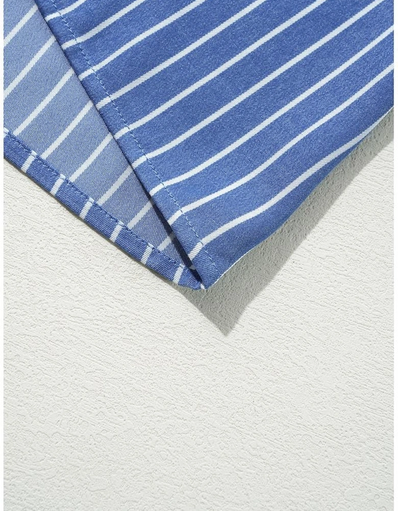 Sky Blue Stripe Frilly Split Neck Shirred Ruffle Sleeve Short Shift Dress