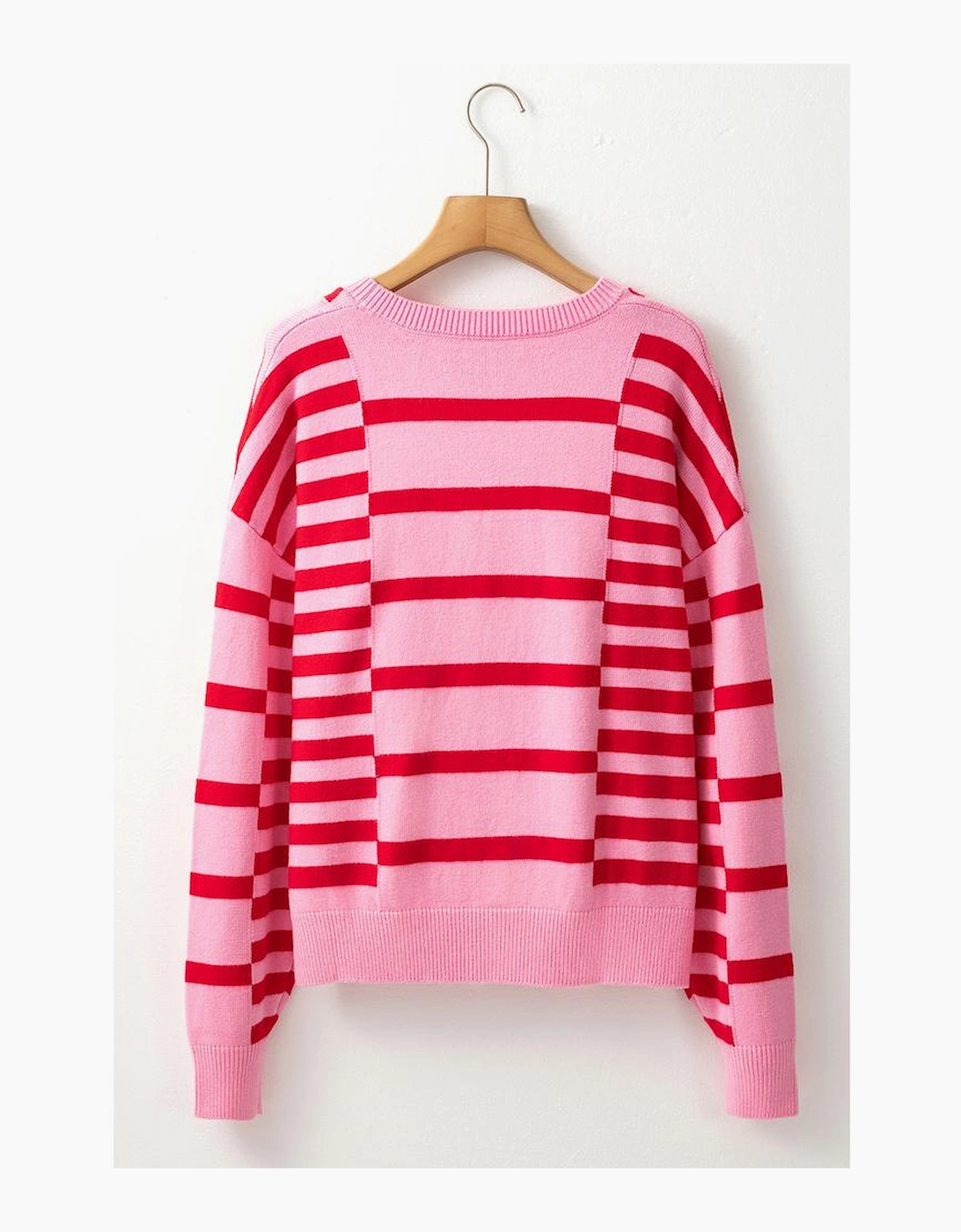 Pink Stripe Bubble Sleeve Drop Shoulder Ribbed Trim Sweater