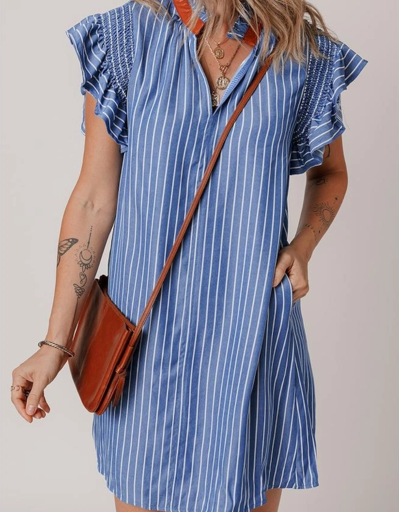 Sky Blue Stripe Frilly Split Neck Shirred Ruffle Sleeve Short Shift Dress
