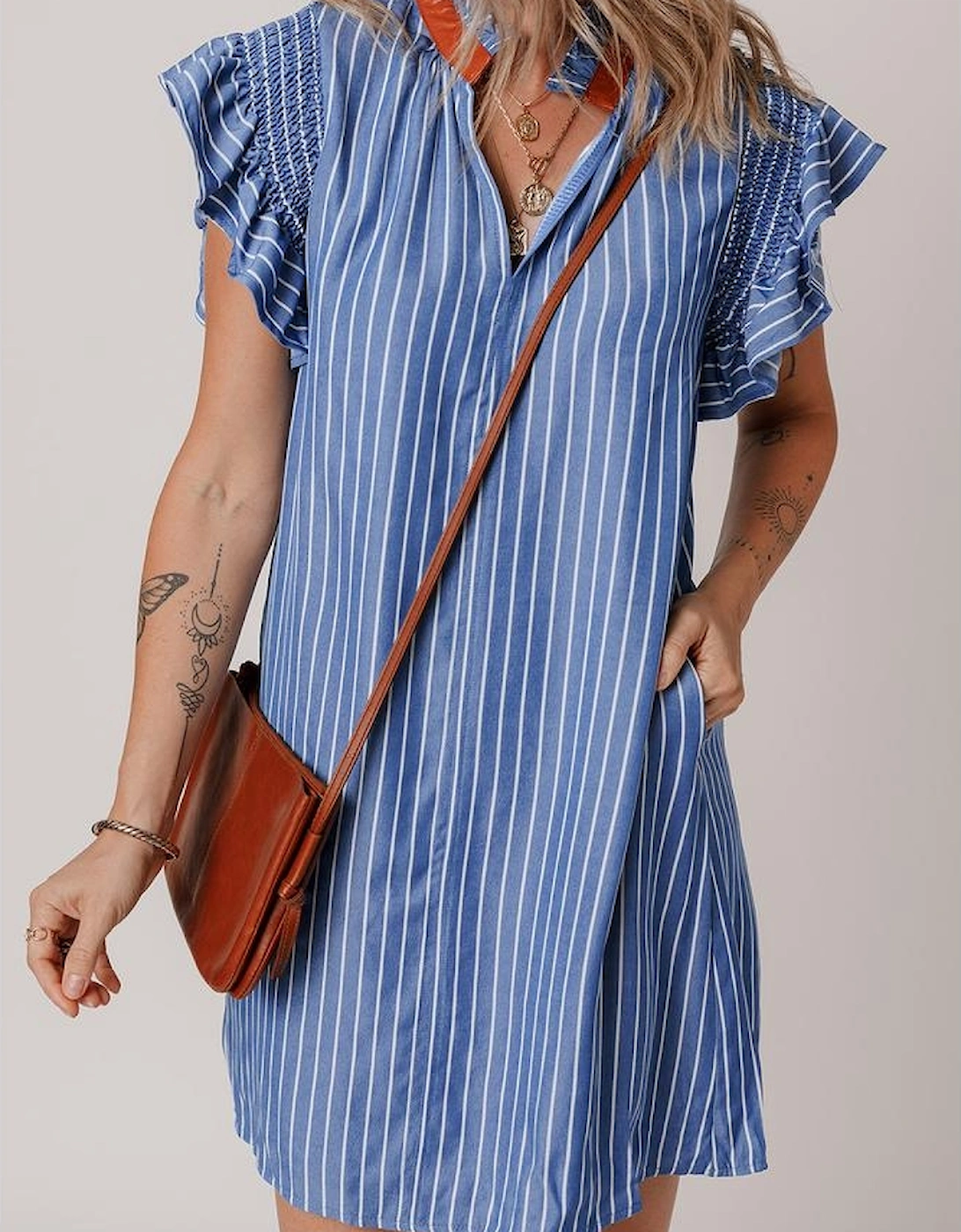 Sky Blue Stripe Frilly Split Neck Shirred Ruffle Sleeve Short Shift Dress